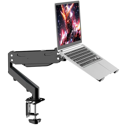 Pholiten 2 in 1 Laptop Desk Mount with Gas Spring Arm, Monitor Laptop Stand for 12-17 Inch Notebook and 13-32 Inch Computer Screen, Holds 22lbs, Full Motion with Vented Tray
