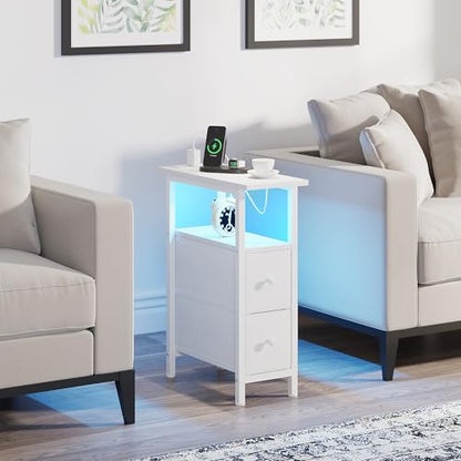 TRIFEBLE End Table with Charging Station, Narrow Side Table with 2 Fabric Drawers, Skinny Nightstand with LED Light, Slim Bedside Table for Bedroom, Living Room, Small Spaces, White