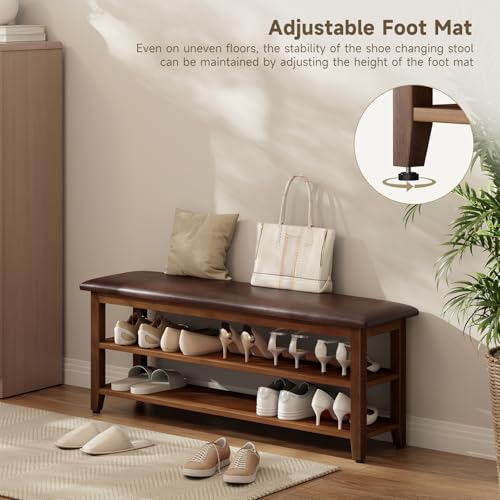 Shoe Bench with Leather Cushion,Rubberwood Bench with Shoe Rack | 2-Tier Shoe Storage Organizer for Entryway,Hallway,Living Room - size: 2-Tier-47.3"