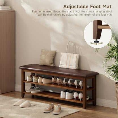 Shoe Bench with Leather Cushion,Rubberwood Bench with Shoe Rack | 2-Tier Shoe Storage Organizer for Entryway,Hallway,Living Room - size: 2-Tier-47.3"
