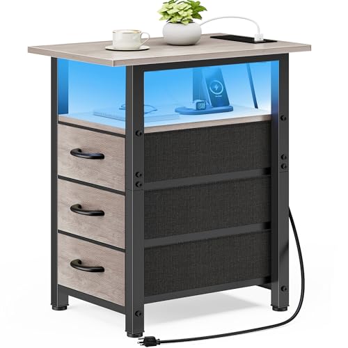 Vagusicc Nightstand with Charging Station and LED Lights, Narrow End Table, LED Night Stand with 3 Fabric Drawers for Bedroom, Small Side Table for Small Spaces, Greige - color: Greige, size: 1, style: With Power & LED