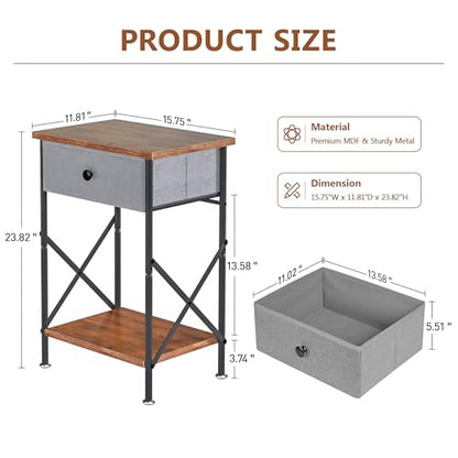 VECELO End Tables, Modern Nightstand with Fabric Drawer & Open Shelf, Night Stand for Bedroom Living Room, Industrial Metal Frame, Easy Assembly, Rustic Brown,1 Pack - color: Rustic Brown, size: 1 PACK