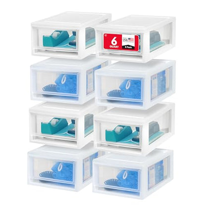 IRIS USA 6 Qt. Small Plastic Stacking Drawer, Stackable Storage Organizer Unit with Sliding Drawer for Bedroom Kitchen Under Sink Pantry Craft Room Dorm Office, White, 8-Pack - size: 6 Qt., style: 8 Pack