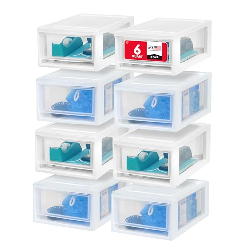 IRIS USA 6 Qt. Small Plastic Stacking Drawer, Stackable Storage Organizer Unit with Sliding Drawer for Bedroom Kitchen Under Sink Pantry Craft Room Dorm Office, White, 8-Pack - size: 6 Qt., style: 8 Pack