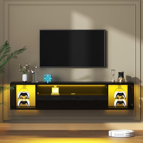sogesfurniture 55'' Floating TV Stand Wall Mounted with Lights, Floating Entertainment Center with Lights, Modern Media Console with Storage, Wall Mounted LED TV Stand for Living Room, Black - size: 55"-Black