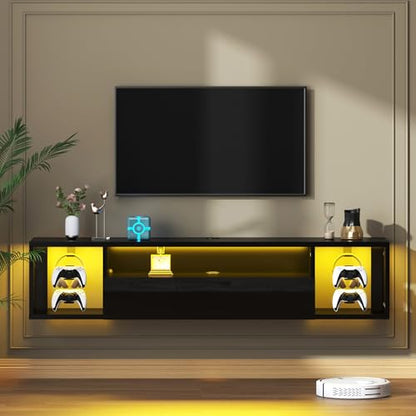 sogesfurniture 55'' Floating TV Stand Wall Mounted with Lights, Floating Entertainment Center with Lights, Modern Media Console with Storage, Wall Mounted LED TV Stand for Living Room, Black - size: 55"-Black
