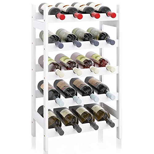 SMIBUY Bamboo Wine Rack, 20 Bottles Display Holder, 5-Tier Free Standing Storage Shelves for Kitchen, Pantry, Cellar, Bar (White) - color: White