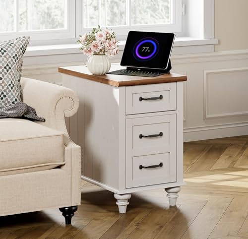WAMPAT White End Table with Charging Station, Wood Side Table with 1 Drawer &1 Storage Cabinet, Mid Century Modern Nightstand with Power Outlets & USB Ports for Living Room, Bedroom - color: Off White