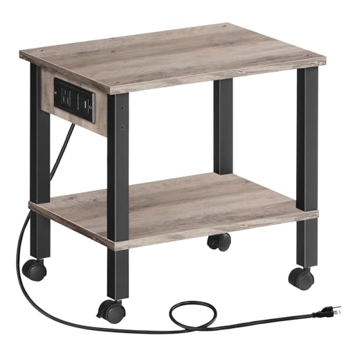 HOOBRO 2-Tier Printer Stand with Charging Station, Under Desk Printer Table, Printer Cart with Storage Shelves, Shelf for Small Spaces, for Home Office, Greige and Black BG38UPS01 - color: Greige + Black, size: 15"L x 11"W x 15"H