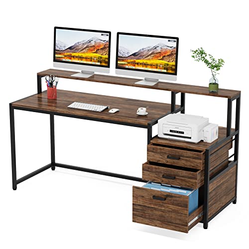 Tribesigns 63 Inch Computer Desk with File Drawer Cabinet, Ergonomic Office Desk with Monitor Stand, Industrial Computer Table with Printer Space, Wood PC Table Workstation Desk for Home Office - color: Rustic Brown