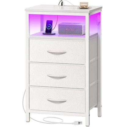 Huuger Night Stand with Charger Station and LED Lights, 3 Drawer Nightstand, Bed Side Table with Open Shelf, End Table, Tall Fabric Dresser for Bedroom, PU Leather, White - color: White, size: 11.8"D x 15.7"W x 27.6"H（3 Drawers）