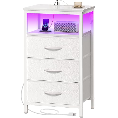Huuger Night Stand with Charger Station and LED Lights, 3 Drawer Nightstand, Bed Side Table with Open Shelf, End Table, Tall Fabric Dresser for Bedroom, PU Leather, White - color: White, size: 11.8"D x 15.7"W x 27.6"H（3 Drawers）