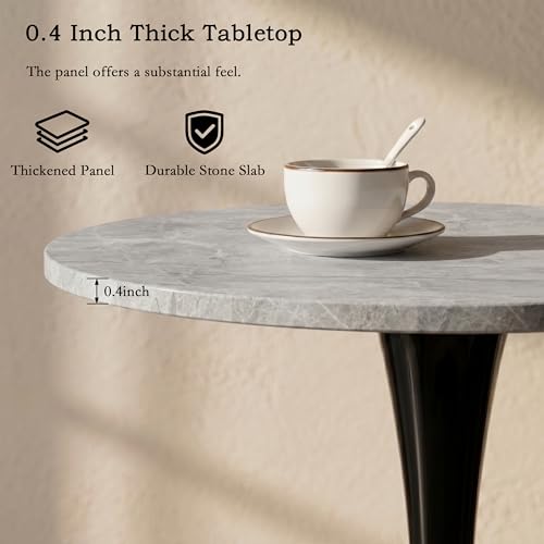 27.6" Marble Round Tulip Table, Mid-Century Modern Style Dining Table with Black Pedestal Base for 2-4 People, Featuring A Marble Tabletop for Kitchen, Dining Room, Cafe (Light Grey) - color: Light Grey#black