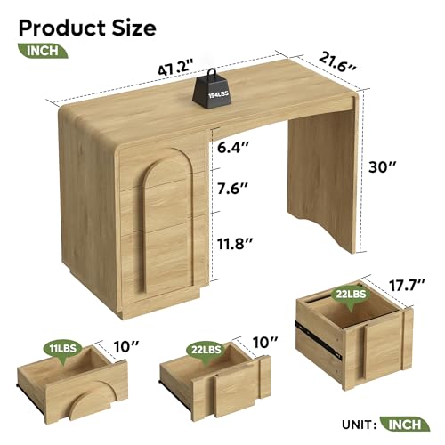 Bestier 47 inch Wood Home Office Desk with 3 Drawers, Modern Executive Desk with Storage, Arched Computer Desk for Writing Study Bedroom, Natural Oak - color: Oak
