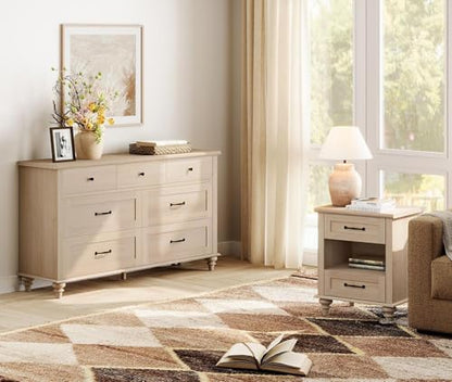 WAMPAT Beige Side Table with Charging Station, Elegant Nightstand for Bedroom with 2 Drawers & Open Shelf, Wooden End Table Bedside Table for Living Room, Kids Room - color: Beige