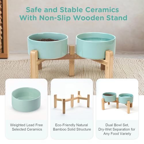 SPUNKYJUNKY Elevated Dog Bowls Ceramic, 6.1'' Dogs and Cat Food Water Bowls Raised with Non-Slip Bamboo Stand for Medium Sized Breed Microwave Dishwasher Safe - 28.7 OZ,Light Green - color: Light Green, size: 6.1 in - 3.6 cups
