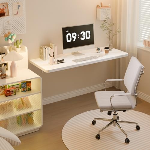 Dogsky 48" x 16" Floating Wall Desk, Fold Down Wall Table - 300 lbs Heavy Duty Solid Pine Wall Mount Folding Desk for Home Office, Laundry Room, Kitchen & Small Apartment, White - color: White, size: 48'' x 15.7'' x 8.3''