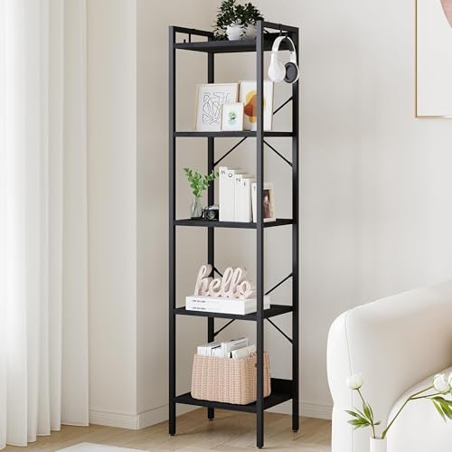 Hzuaneri Bookshelf, Book Shelf, Industrial Bookcase with 2 Hooks, Coner Shelf Storage Organizer for Home Office, Living Room, Bedroom, Kitchen, 5-Tier Black BC10504B - color: Black, size: 9.4"D x 15.7"W x 63"H