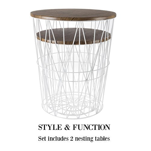 Lavish Home End Tables - Round Nesting Tables Set of 2, Brown/White | 17.5”/15.5” Side Tables with Removable Wood Tops & Metal Basket Bases for Blanket Storage, Living Room, Bedroom & Home Office - color: White Diamond