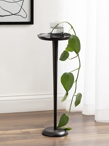 Kate and Laurel Alessia Modern Decorative Metal Drink Table; 8 x 8 x 22; Black; Round Cast Aluminum Pedestal Plant Stand with Rough Texture and Deckled Edge - color: Black