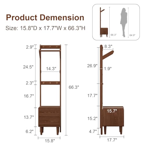 Solid Wood Coat Rack Freestanding,Standing Coat Rack with 2 drawers,Clothing Racks for Hanging Clothes,Narrow Hall Tree with Storage,Walnut Nightstand with 6 Coat Hooks for Bedroom Entryway Corner - size: 2 drawers