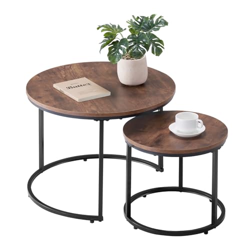 VEVOR Nesting Tables, Coffee Table Set of 2, 23.6 inch Round Coffee Table, Small Coffee Tables Night Stand with Metal Frame, for Living Room, Bedroom, Office (Brown & Black) - color: Brown