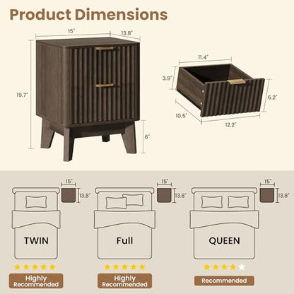 Fluted Nightstand Set of 2, Modern End Table with Metal Handle,2 Storage Drawers Side Table,Bedside Table for Bedroom,Wood Nightstands,Curved Profile Design Furnitue, Walnut - color: 2pcs_walnut