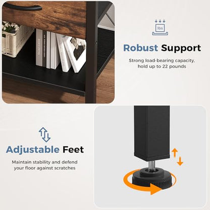 DUMOS Nightstand with Charging Station, Bedside Table with 1 USB-A, 1 USB-C & 2 AC Outlets, Fabric Drawer with Adjustable Open Shelf, Compact End Table for Bedroom, Black & Brown - color: Black and Brown, size: 15.7"Dx11.8"Wx23.4"H(1 Drawer, 1 Pack)