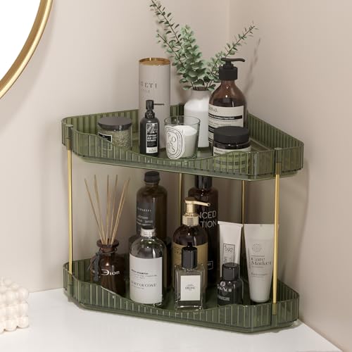 Lifewit 2-Tier Corner Bathroom Counter Organizer, Plastic Makeup Skincare Organizers Storage Countertop, Large Sink Cosmetic Perfume Shelf for Bedroom, Dresser, Kitchen, Vanity, Green, 25 cm/10inch(H) - color: Green, size: 2 Tier