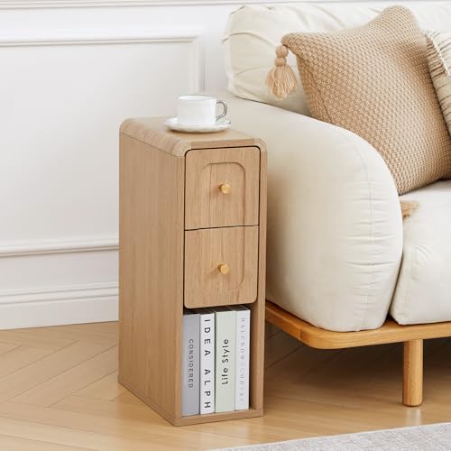 Narrow Nightstand with 2 Drawers, Small Bedside Tables, Mid-Century Modern Slim Night Stand with Storage, Wooden End Table for Small Spaces, Bedroom, Living Room (Natural-1PCS) - color: Natural-1pcs, size: 2 Drawers