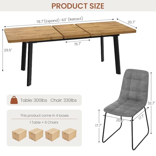 Extendable Dining Table Set for 6 to 8 People, 63" to 78.7" Modern Kitchen Table Set with 6 Chairs, MDF Dining Room Table and Chairs with Removable Extension Leaf (Walnut Table+U-Shaped Grey Chairs) - color: 63'' - 78.7'' Walnut Table+6 U Grey Chairs
