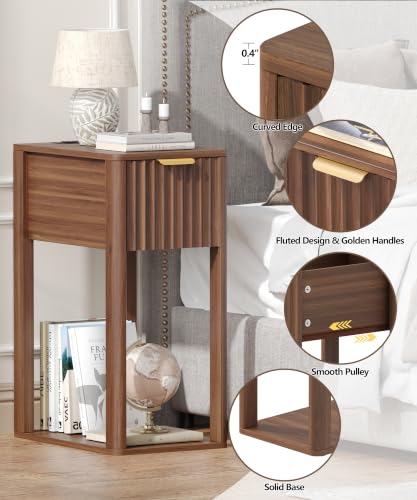Akxomel Narrow Fluted Nightstands Set of 2, Wooden Slim Bedside Table with Charging Station, Mid-Century Modern Night Stand with Drawer and Open Shelf, Small Side End Table, for Bedroom, Walnut - color: Walnut