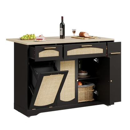 IDEALHOUSE 53.1" Rattan Kitchen Island with Storage, Rolling Dining Cart with Trash Storage Cabinet, Mobile Island Cart with Drop Leaf, Adjustable Shelves, Drawer, 5 Wheels (Black) - color: Black