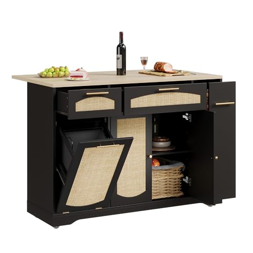 IDEALHOUSE 53.1" Rattan Kitchen Island with Storage, Rolling Dining Cart with Trash Storage Cabinet, Mobile Island Cart with Drop Leaf, Adjustable Shelves, Drawer, 5 Wheels (Black) - color: Black
