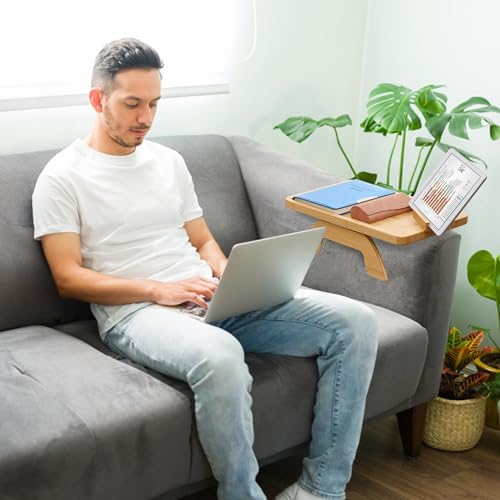 SINWANT Couch Arm Tray,Bamboo Sofa Clip on Side Table,Foldable Couch Armrest Table with 360°Rotating Phone Holder,Anti Slip Food Trays for Eating/Drinks/Snacks/Remotes 15.35" x 9.85" - color: Natural
