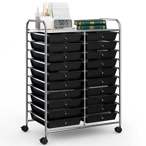 DREAMADE Rolling Cart With Storage Drawers, Utility Cart With Removable Plastic Drawers, Lockable Wheels for Classroom Organization, Art Supplies, Office, Scrapbook (20 Drawers, Black) - color: Black, style: 20 Drawers