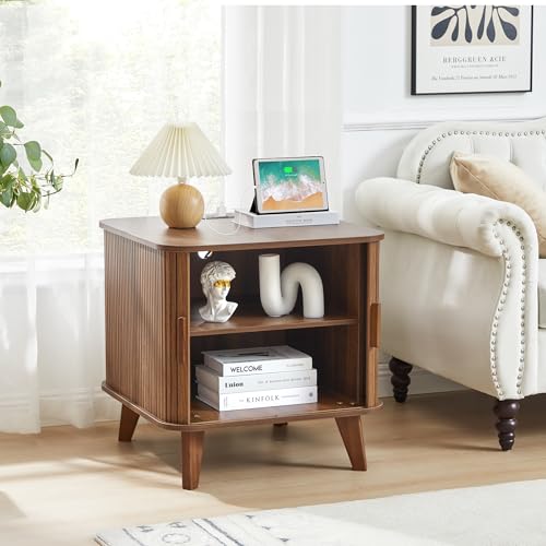 AVZEAR 24" Large Square End Table with Charging Station, Farmhouse Fluted Sofa Side Table with Sliding Tambour Door & Storage, Curved Rustic Wood Nightstand for Living Room, Bedroom, Walnut - color: Walnut