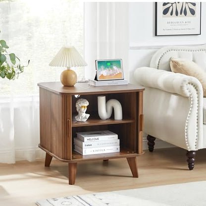 AVZEAR 24" Large Square End Table with Charging Station, Farmhouse Fluted Sofa Side Table with Sliding Tambour Door & Storage, Curved Rustic Wood Nightstand for Living Room, Bedroom, Walnut - color: Walnut