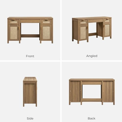 SICOTAS 52" Rattan Vanity Home Office Desk Vanity Table with 3 Drawers | 2 Pieces Farmhouse Boho Makeup Vanity Dressing Table with Large Storage, Vanities Desk for Makeup Room, Bedroom, Office - size: 2 Pieces, style: Reclaimed Caramel Oak