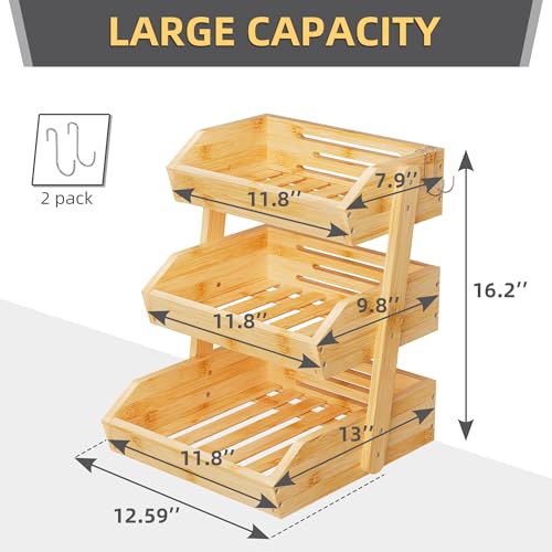 Hellojin Bamboo 3 Tier Fruit Basket for Counter with 2 Banana Hangers | Wooden Tiered Organizer, Protective Mats, Large Capacity, Versatile Holder for Bread, Snacks, Veggies, Onion and Potato - color: Bamboo-3 tier