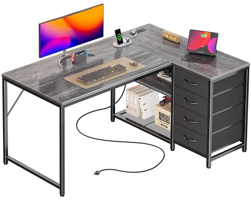 PRAISUN 43.3" Small Computer Desk with Power Outlets & USB-C Port, Reversible L Shaped Corner Office Desk with 4 Fabric Drawers and 2 Adjustable Storage Shelves, for Gaming Writing, Grey - color: Grey, size: 43.3 Inch
