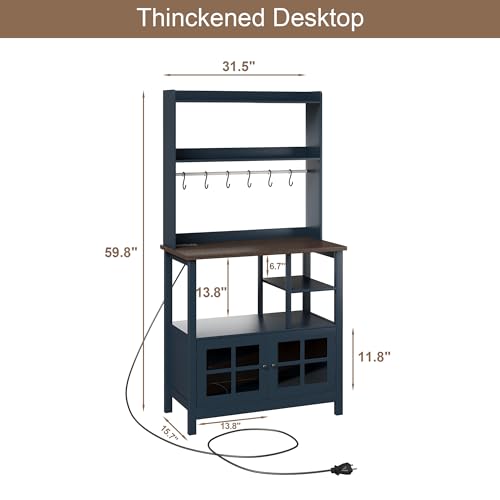 ChooChoo Farmhouse Coffee Bar Cabinet with Storage, Bakers Rack with Power Outlets, Microwave Stand Kitchen Cabinet with Hutch and 6 Hooks, Blue - color: Blue