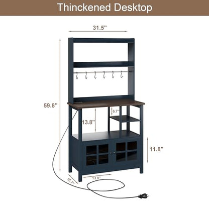 ChooChoo Farmhouse Coffee Bar Cabinet with Storage, Bakers Rack with Power Outlets, Microwave Stand Kitchen Cabinet with Hutch and 6 Hooks, Blue - color: Blue