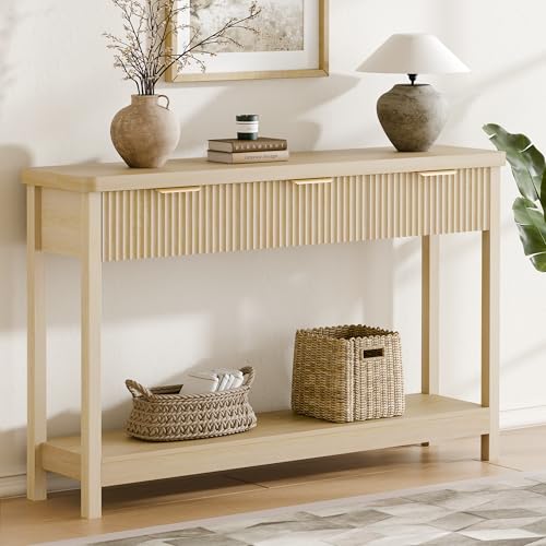 Fluted Console Table, 51 Inch Entryway Table with 3 Drawers | Scandi farmhouse look with quiet full-extension slides, open lower shelf, profile for hallway, entry, foyer or behind sofa. - color: Natural