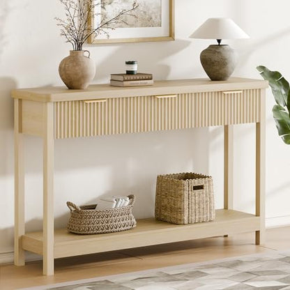 Fluted Console Table, 51 Inch Entryway Table with 3 Drawers | Scandi farmhouse look with quiet full-extension slides, open lower shelf, profile for hallway, entry, foyer or behind sofa. - color: Natural