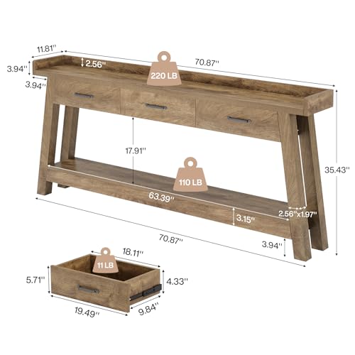 Tribesigns 70.9-Inch Sofa Console Table with 3 Drawers, 2-Tier Extra Long Farmhouse Entryway Table with Raised Baffle and Storage Shelves for Living Room, Couch, Hallway, Foyer, Entrance, Rustic Brown