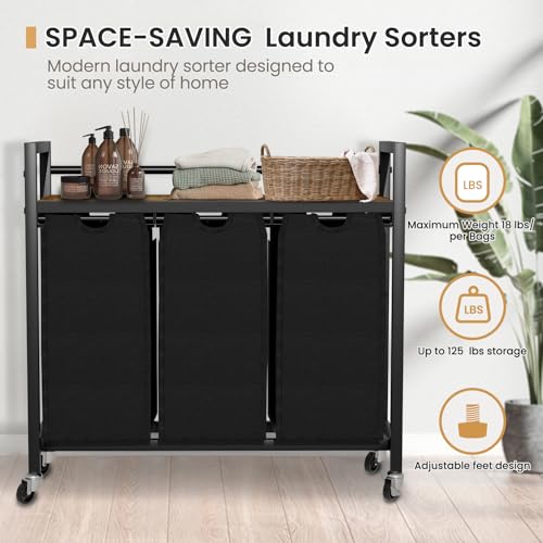 SwaaVee Laundry Sorter, Laundry Hamper 3 Section, 3×11.4Gal, Metal Frame Rolling Laundry Basket with Wooden Top Shelf, Pull out and Removable Laundry Bags, 3 Bags-Black - color: Black
