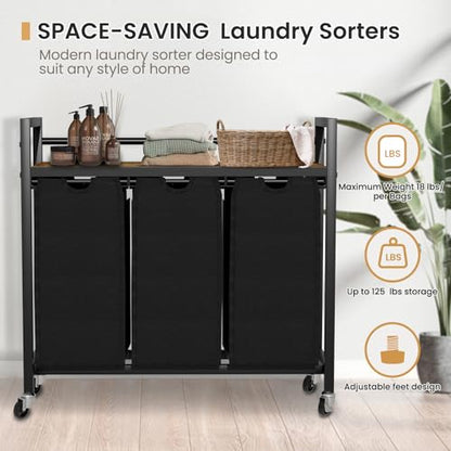 SwaaVee Laundry Sorter, Laundry Hamper 3 Section, 3×11.4Gal, Metal Frame Rolling Laundry Basket with Wooden Top Shelf, Pull out and Removable Laundry Bags, 3 Bags-Black - color: Black
