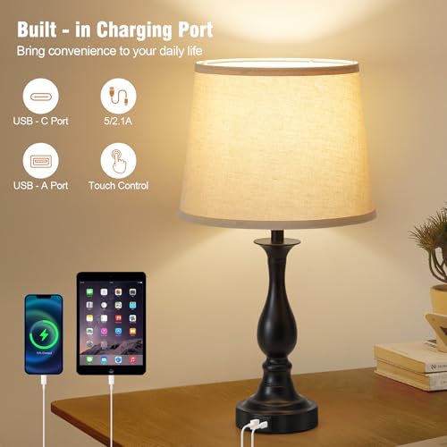 Bedside Table Lamp Touch Control Bedroom Lamps with USB A and C Charging Port 3 Way Dimmable Touch Lamps for Nightstand Living Room Bedroom Dorm Home Office Reading, Set of 2 - color: Black