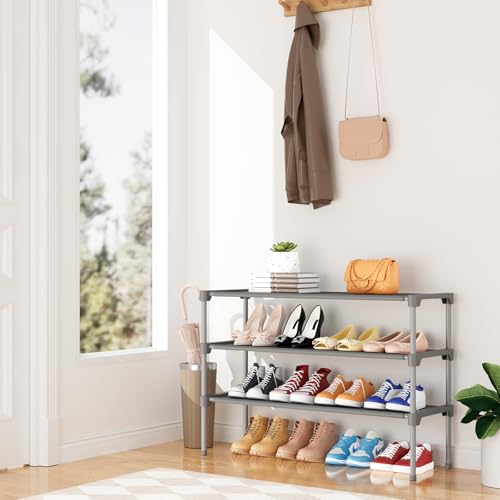 34" Widening Design Shoe Rack for Closet 16 Pairs Small Spaces Non-Woven 3 Tier Shoe Organizer Stackable Metal Shoe Shelf for Entryway, Bedroom Grey - color: Grey
